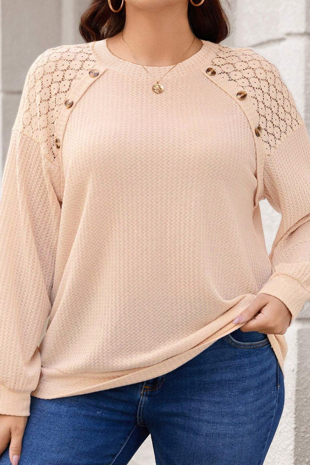 Beige Plus Size Lace Patchwork Buttons Waffle Knit Top