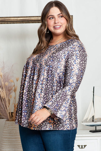 Purple Floral Print Round Neck Plus Size Babydoll Blouse