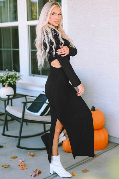 Black Ribbed Twist Cutout Long Sleeve Dress