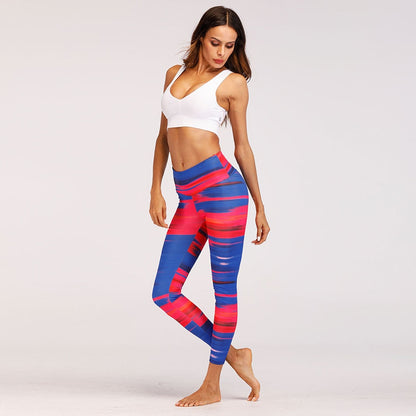 Blue & Red Digital Print yoga pants High waist Contrast color athletic leggings