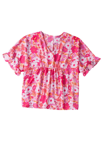 Rose Floral Print Ruffled Half Sleeve Plus Size Babydoll Blouse