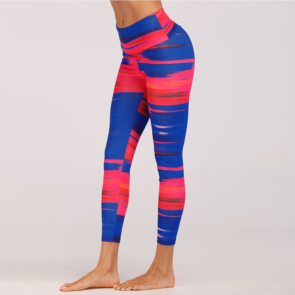 Blue & Red Digital Print yoga pants High waist Contrast color athletic leggings