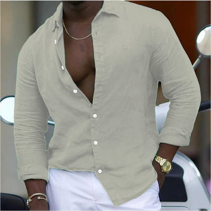 Elevate Your Casual Style: Cotton and Linen New Men's Long-Sleeved Polo Collar Shirt