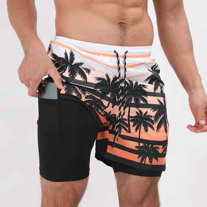 Gradient Printed Beach Shorts Double Layer Casual Sport Shorts