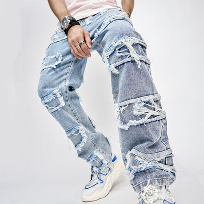 Streetwear Staple: High Street Patched Straight Fit Hip Hop Jeans