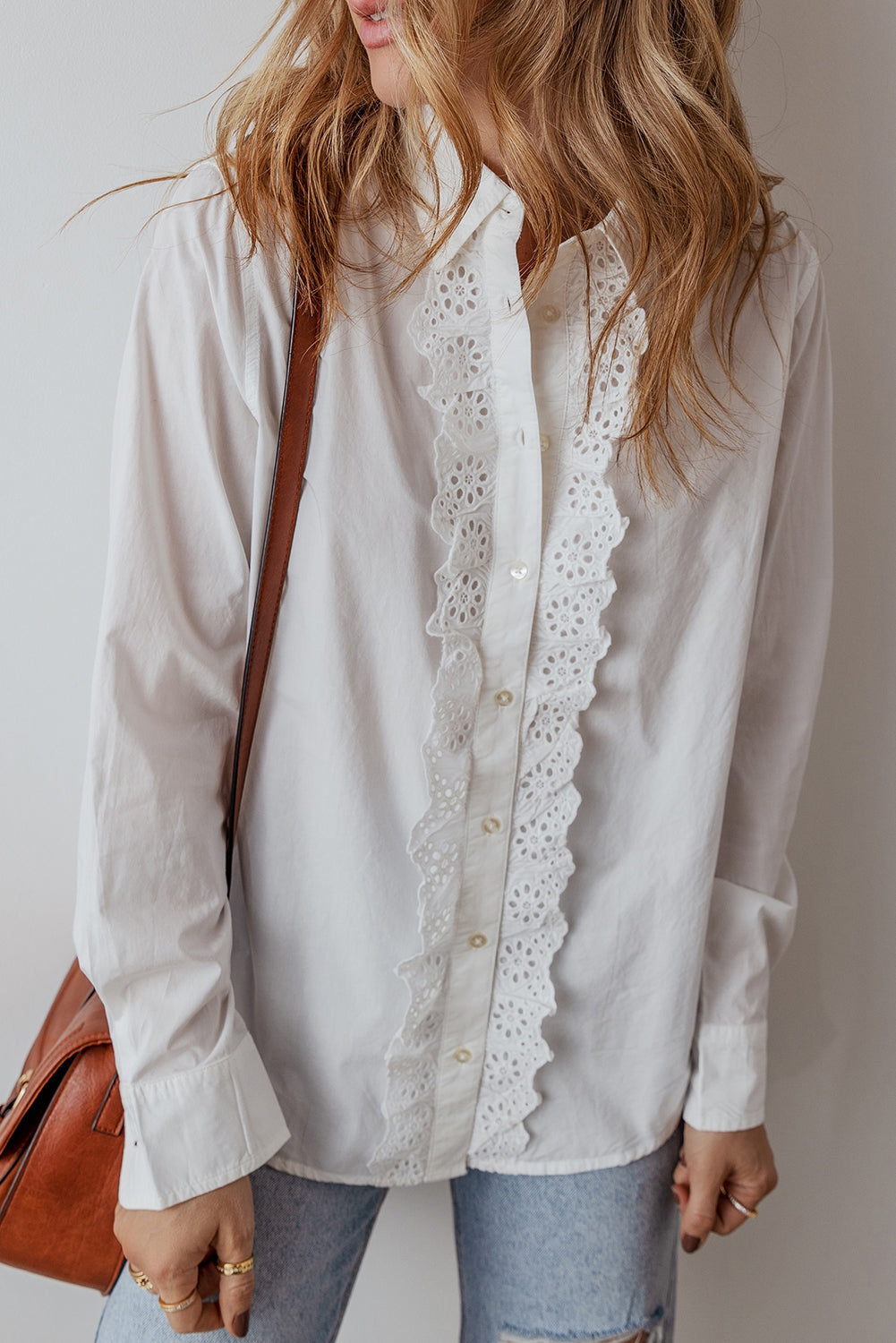 White Lace Crochet Trim Turn Down Collar Buttoned Shirt