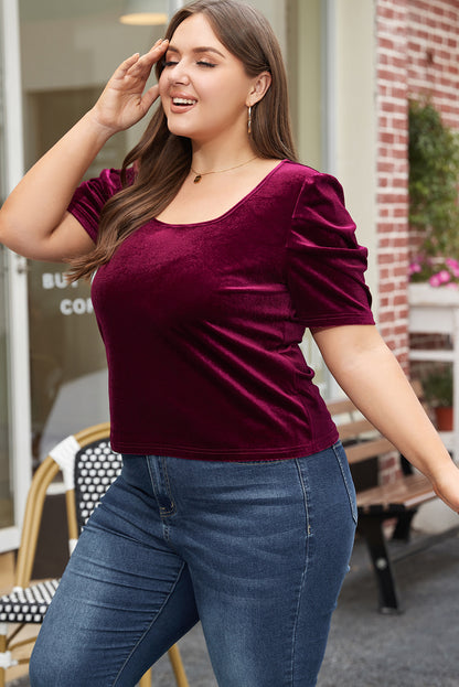 Burgundy Velvet Bubble Sleeve U Neck Plus Size Top