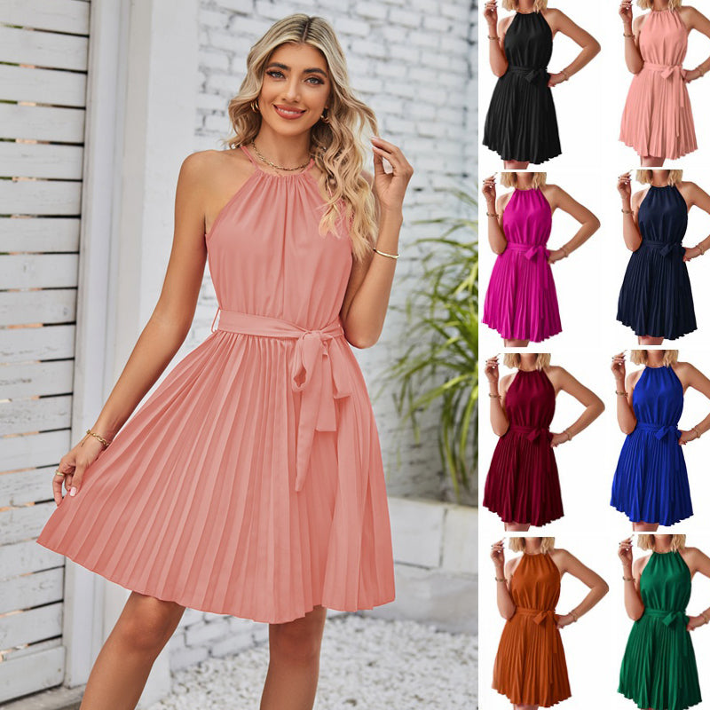 Halter Strapless Dresses for Women Solid Pleated Skirt Summer Beach Sundress