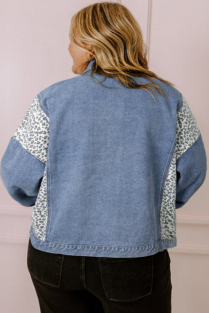 Beau Blue Leopard Patchwork Flap Detail Plus Size Denim Jacket