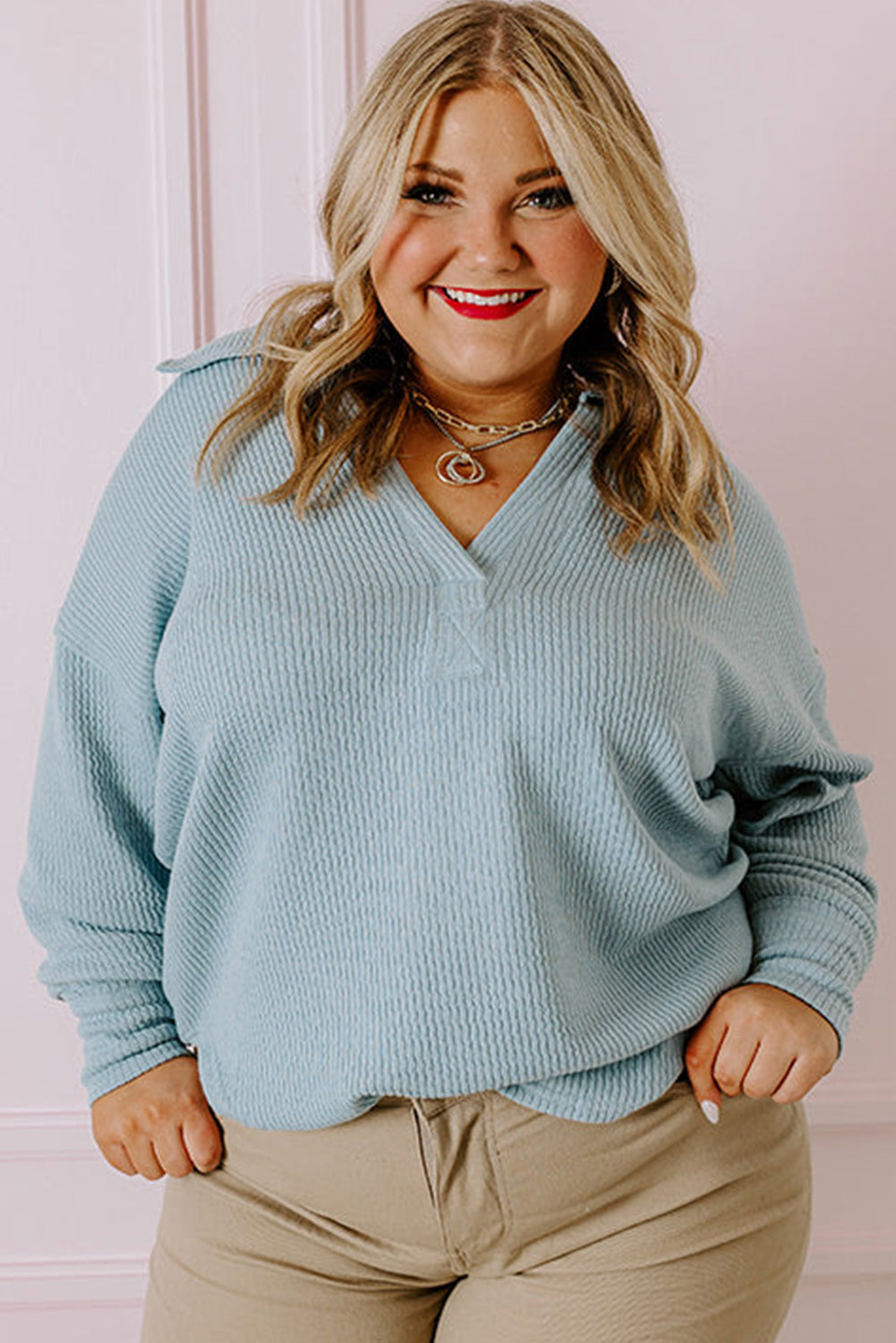 Beau Blue Textured Turn-down V Neck Drop Shoulder Plus Size Top