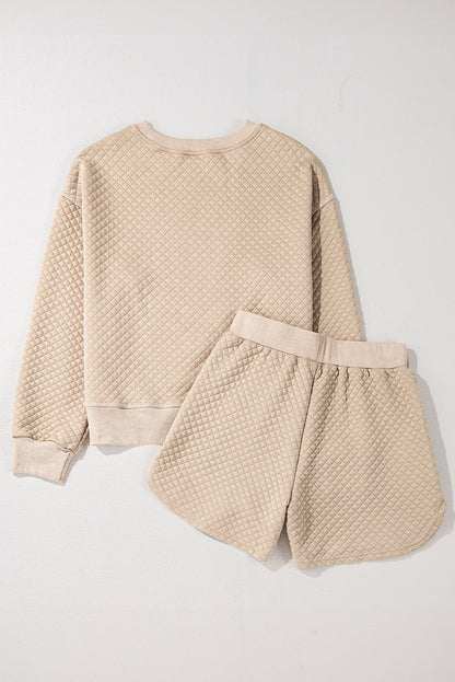 Parchment Solid Color Quilted Long Sleeve Top and Shorts Set