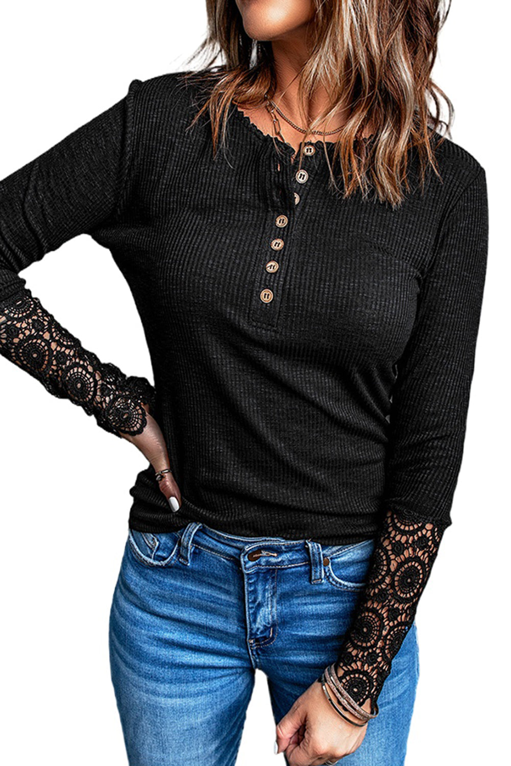 Black Crochet Lace Hem Sleeve Button Top