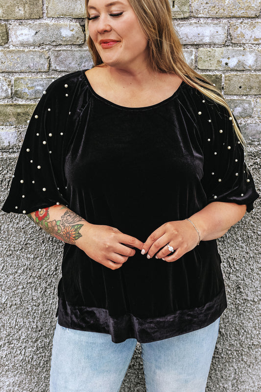 Black Pearl Embellished Puff Sleeve Velvet Plus Size Top