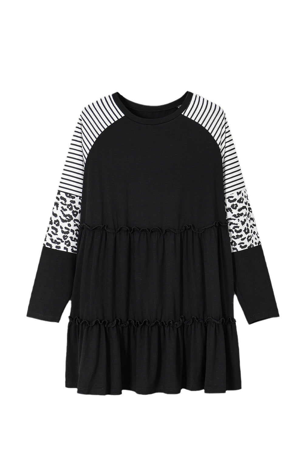 Black Plus Size Striped Leopard Patch Sleeve Ruffle Tiered Dress