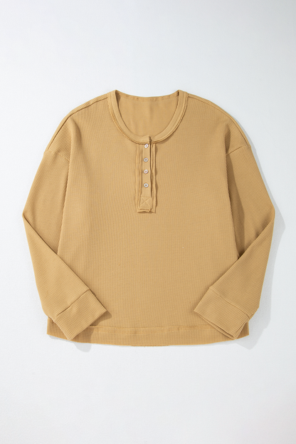 Camel Textured Knit Half Button Drop Shoulder Oversized Top