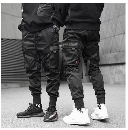 Men Black Hip Hop Cargo Pants Elastic Waist Jogger Trousers Sweatpants Pockets Full Length