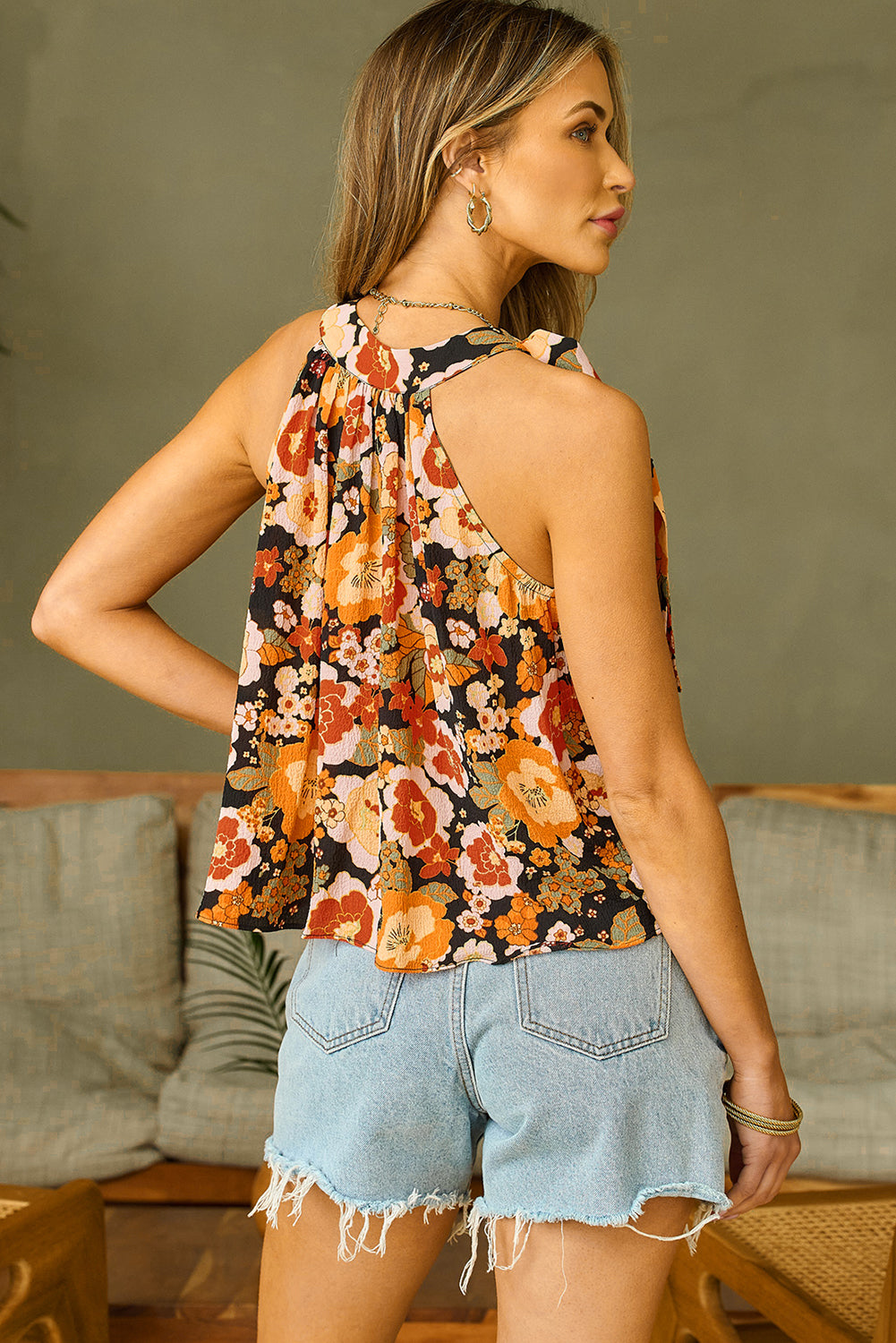 Orange Floral Print Knotted Halter Neck Sleeveless Top