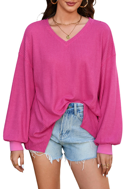 Bright Pink Waffle V Neck Long Sleeve Drop Shoulder Loose Blouse