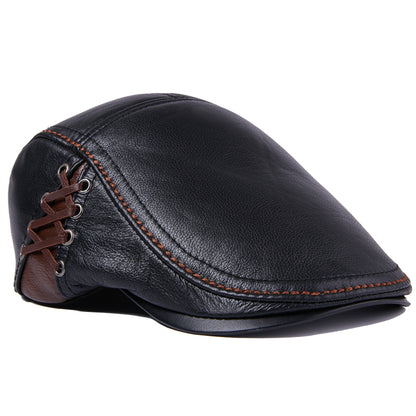 Men's Cowhide Beret Leather Hat - Classic Peak Cap Style