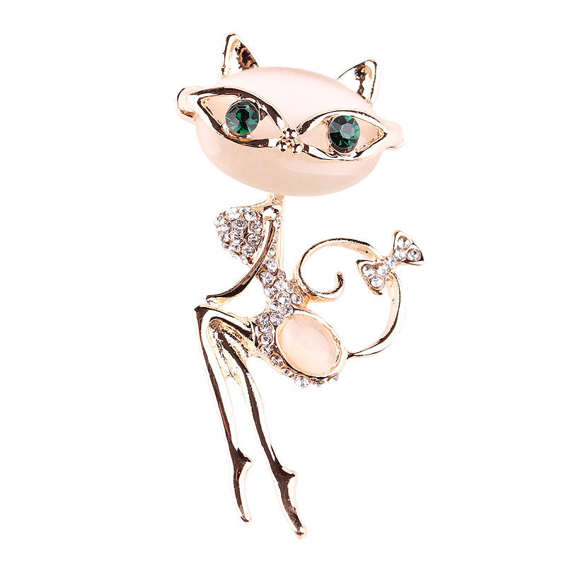 Silver Cat Brooch with Rhinestone Accents