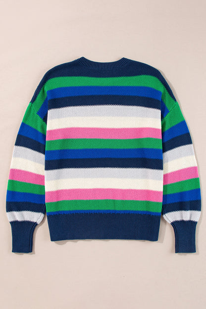 Bright Green Rainbow Striped Crew Neck Drop Shoulder Sweater