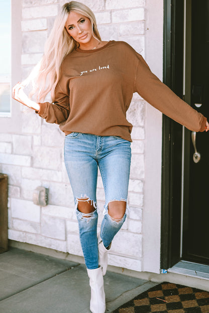 Khaki You Are Loved Print Corduroy Sweatshirt