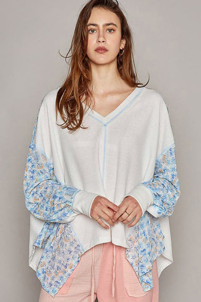 White Abstract Floral Patchwork Batwing Sleeve V Neck Blouse