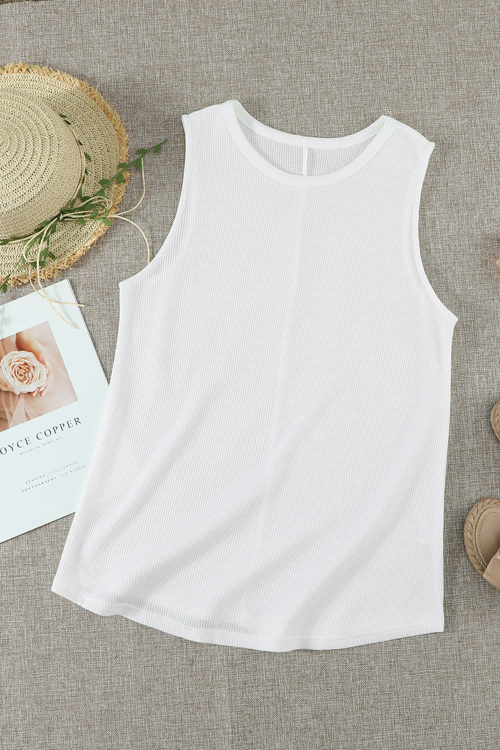 White Crew Neck Waffle Tank Top