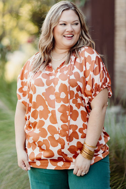 Orange Plus Size Floral Print Drawstring V Neck Short Sleeve Blouse