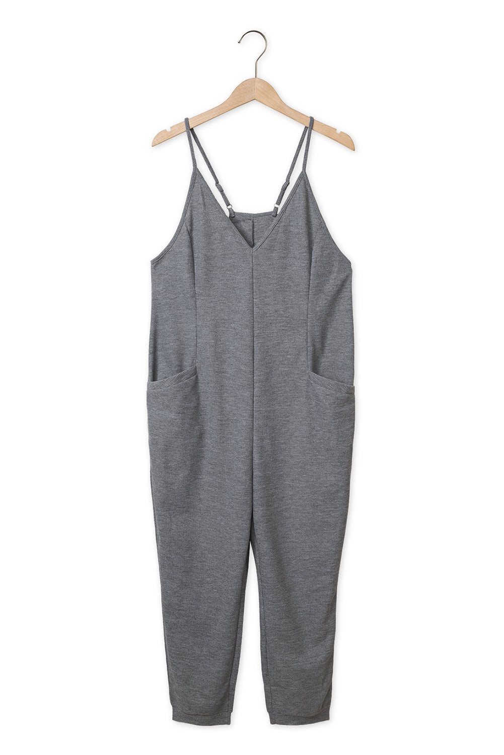 Gray Textured Sleeveless V-Neck Pocketed Casual Jumpsuit