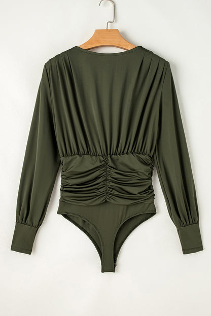 Moss Green Ruched Wrap V Neck Long Sleeve Bodysuit