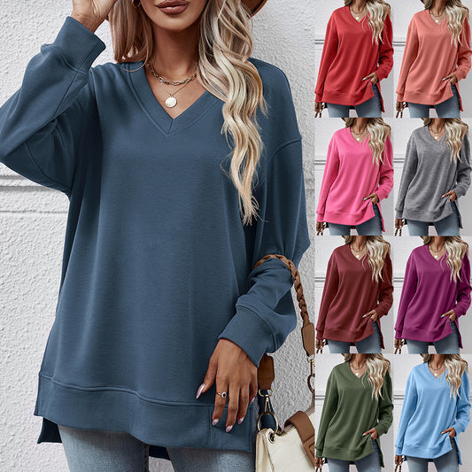 Solid Color And V-neck Split Front Short Back Long Sweater