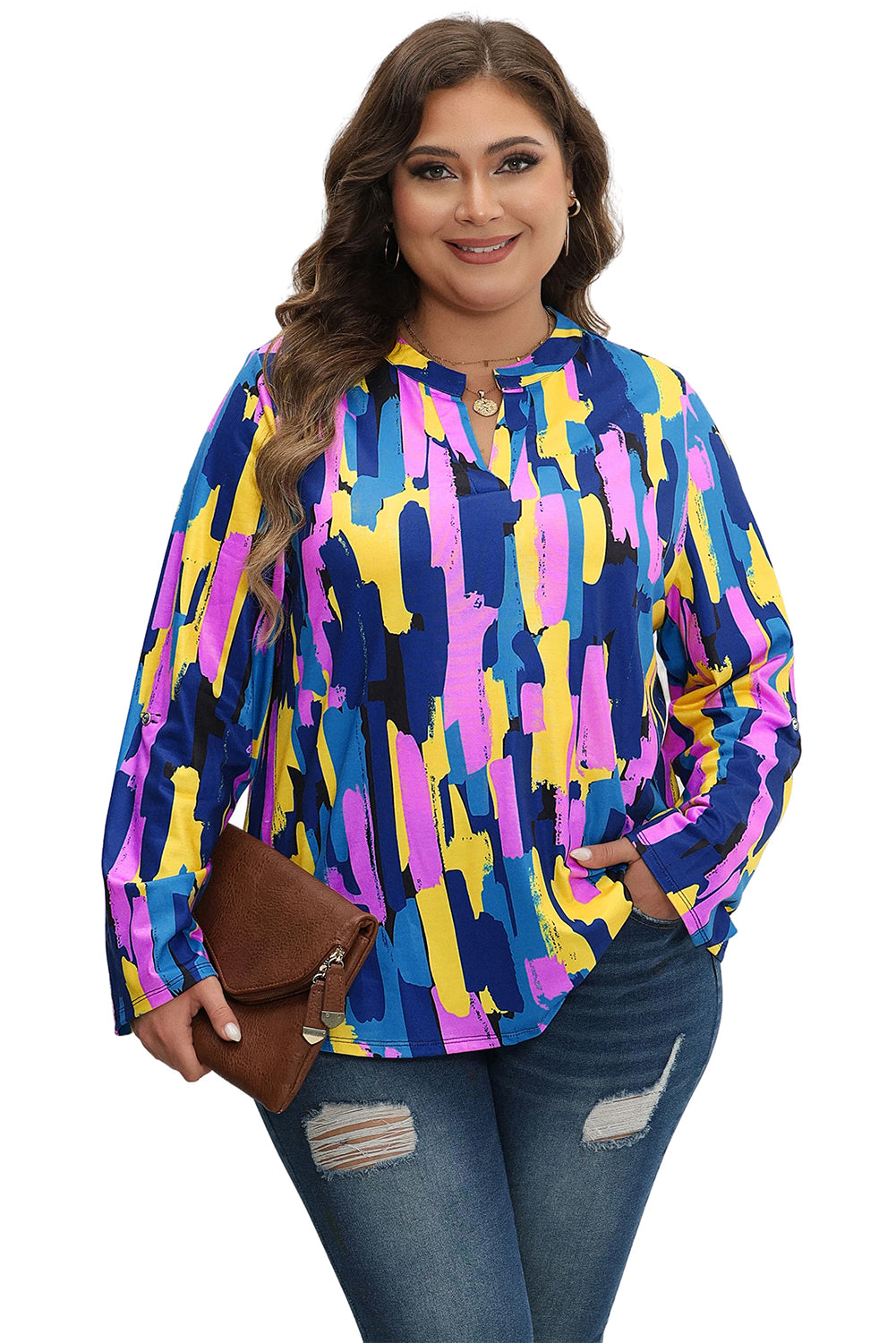 Blue Plus Size Brushstroke Print 3/4 Sleeve Blouse