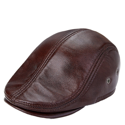 Men's Genuine Cowhide Beret Hat with Ear Flaps