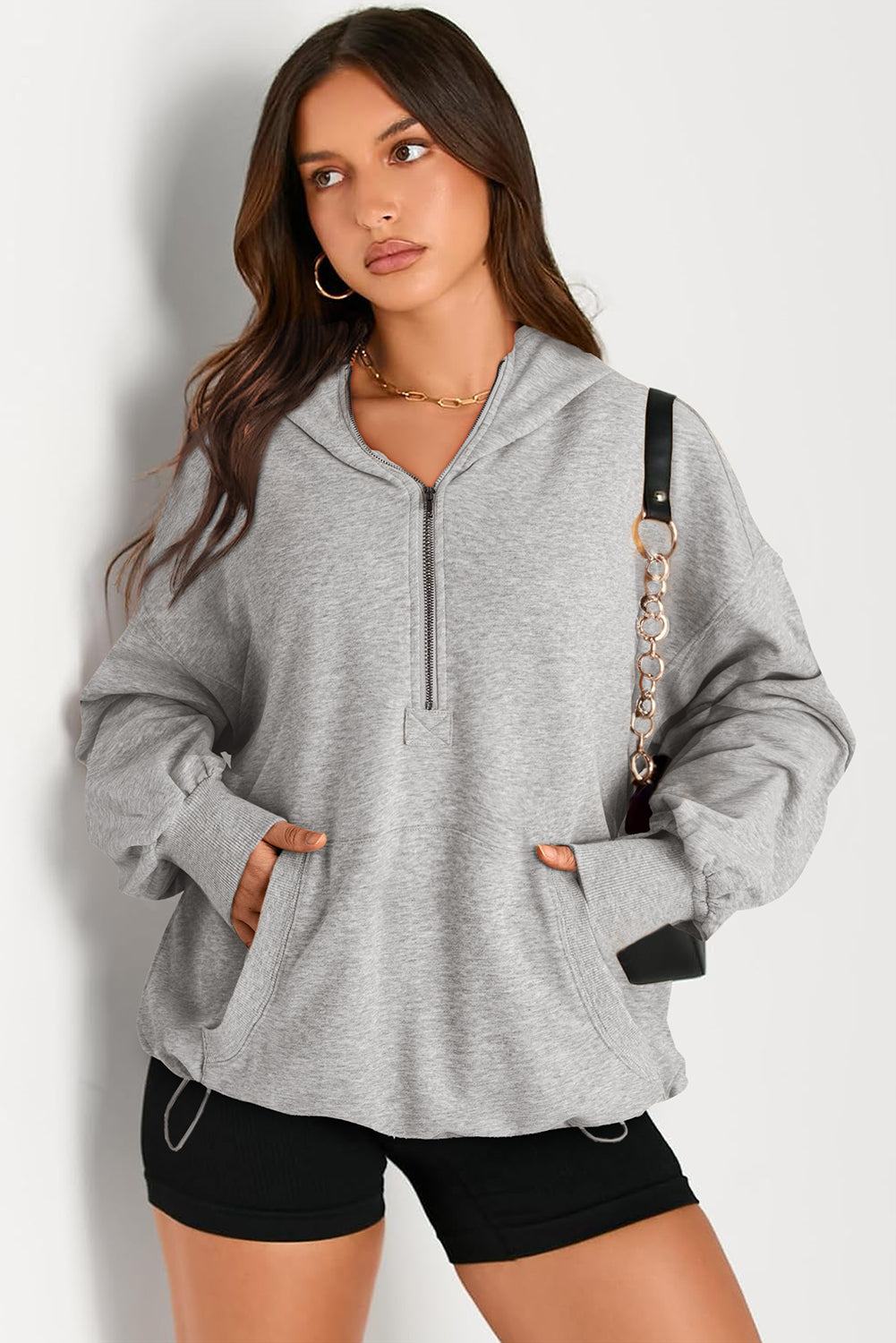 Light Grey Solid Kangaroo Pocket Half Zipper Oversized Hoodie