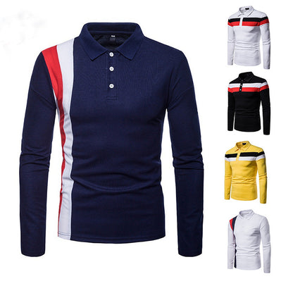 Stylish Tri-Color Stitching Lapel Men's Long Sleeve Shirt