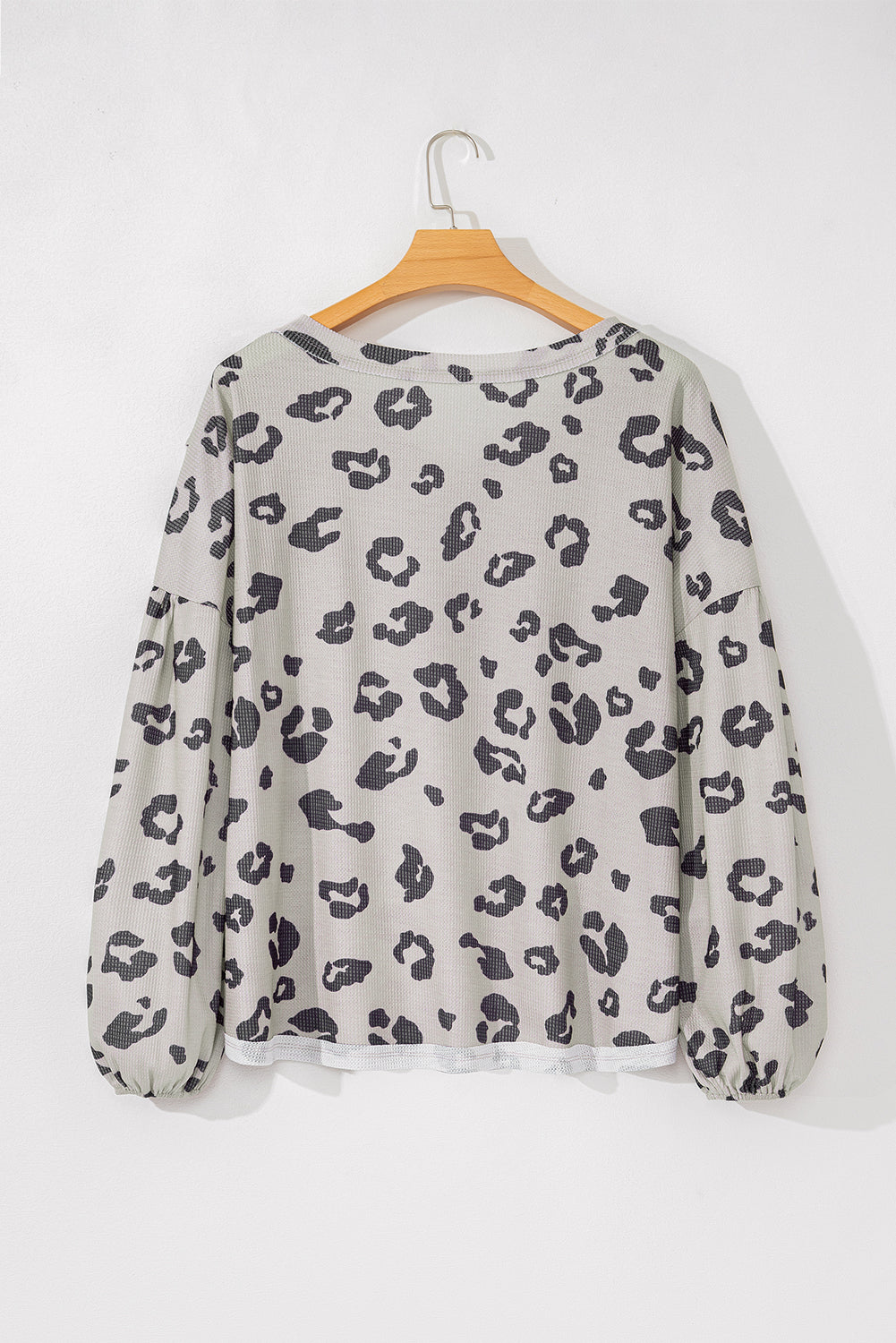 Gray Printed Leopard Balloon Sleeve Thermal Knit Plus Size Top