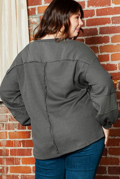 Dark Grey Plus Size Exposed Seam Crinkle Patchwork Top