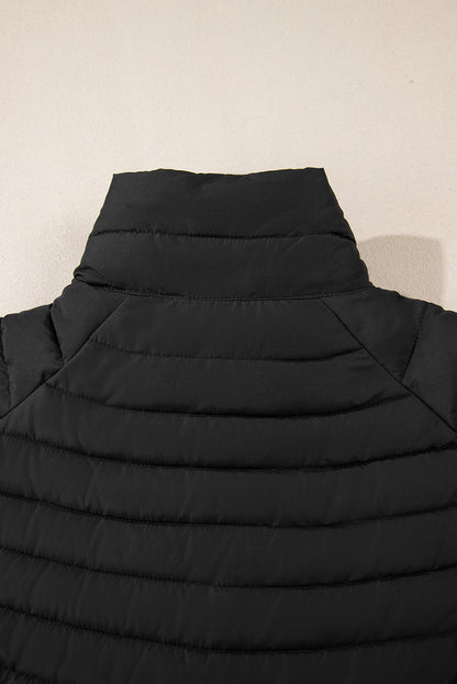 Black Solid Color Quilted Zip-up Puffer Jacket