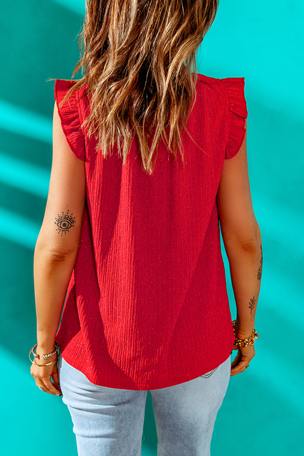 Fiery Red Ruffled Ribbed O-neck Sleeveless Top