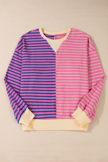 Pink Stripe Casual Stripe Colorblock Drop Shoulder Oversize Sweatshirt