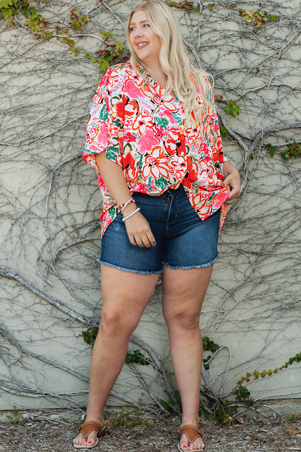 Rose Plus Size Floral Print Kimono Sleeve Shirt