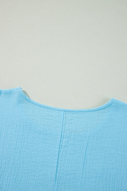 Aruba Blue Crinkled Bracelet Sleeve Flowy Blouse