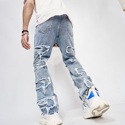 Streetwear Staple: High Street Patched Straight Fit Hip Hop Jeans