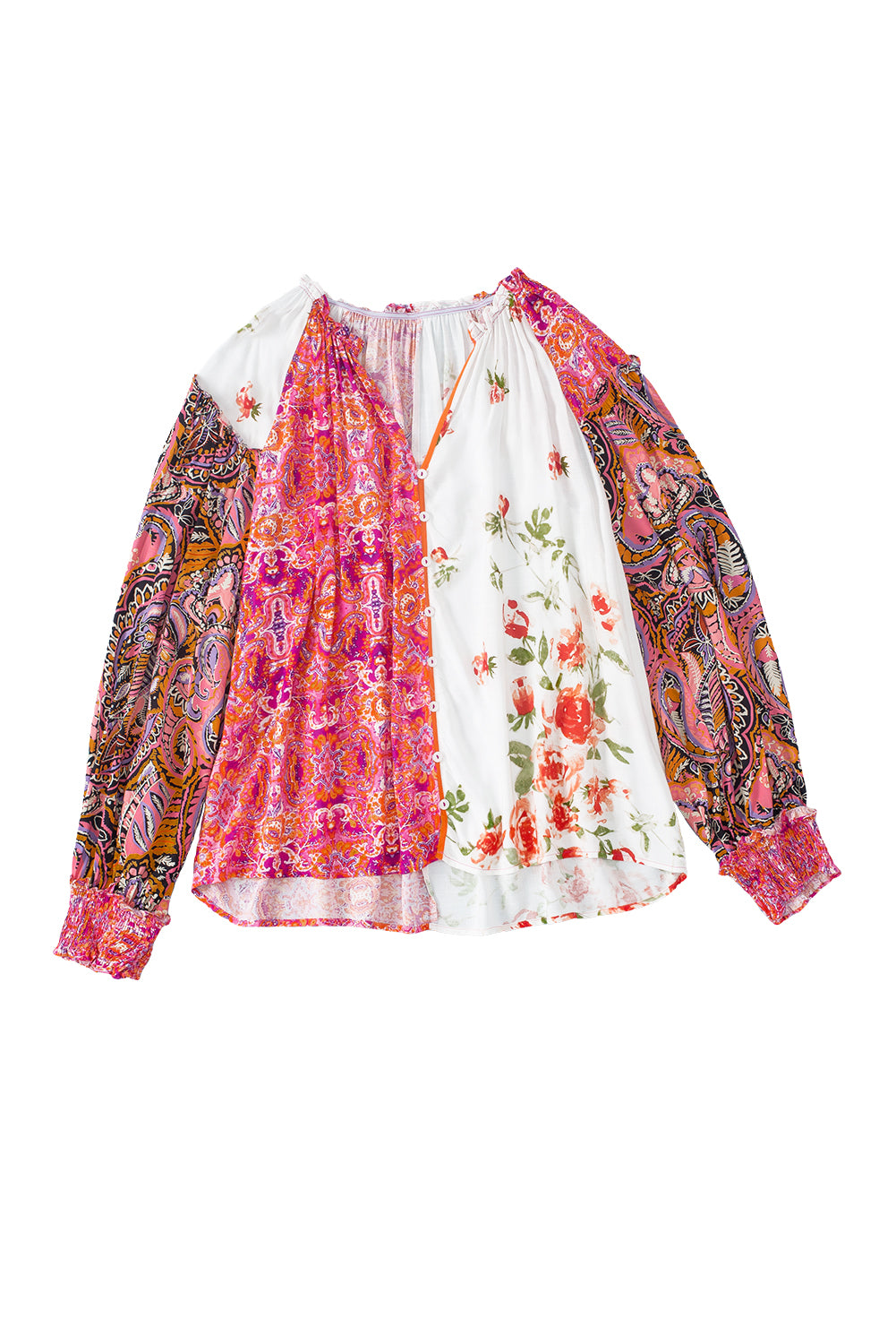 Pink Multicolor Floral Patchwork Shirred Cuffs Buttoned Blouse