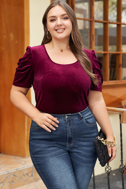 Burgundy Velvet Bubble Sleeve U Neck Plus Size Top