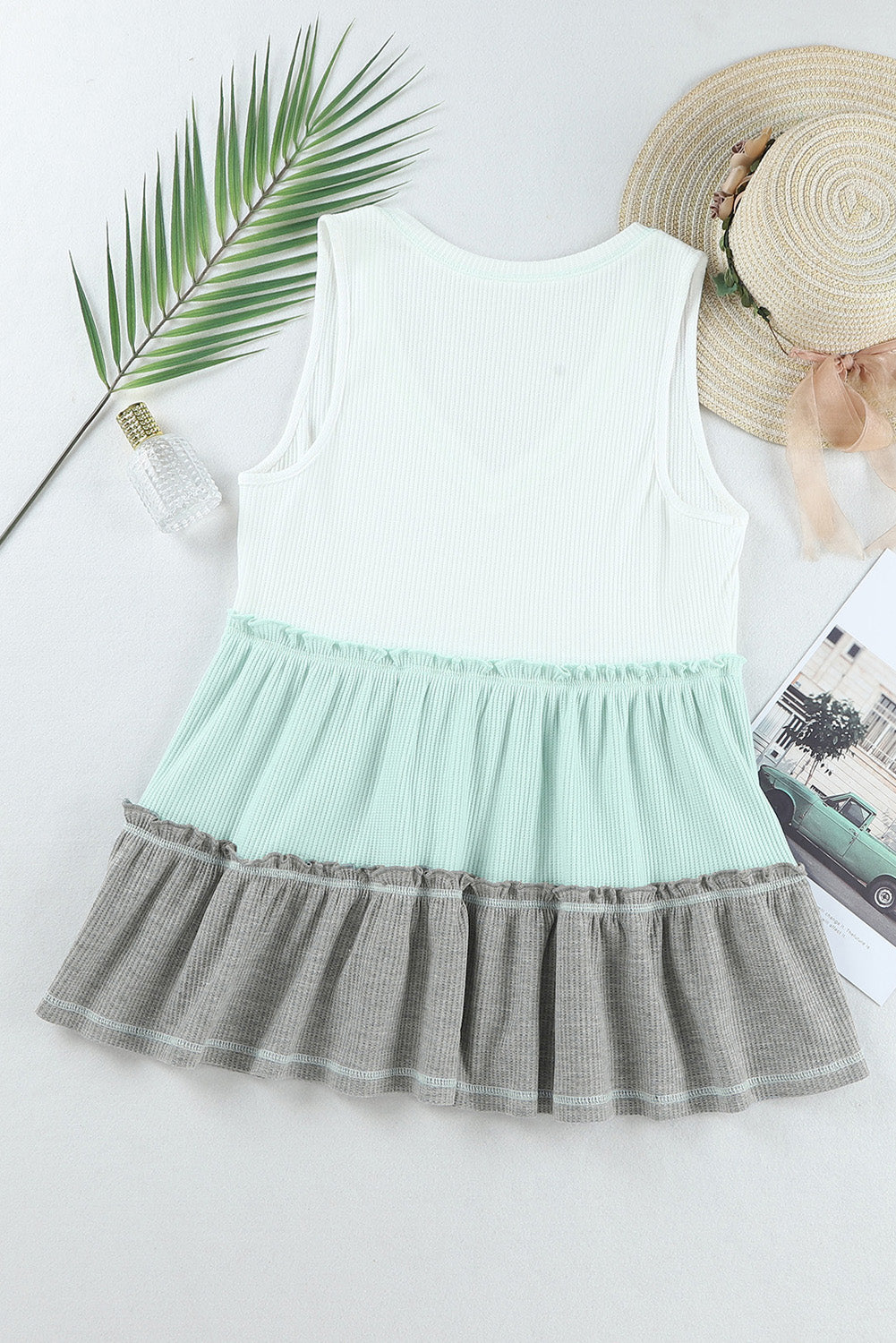 Green Ruffled V Neck Color Block Tank Top