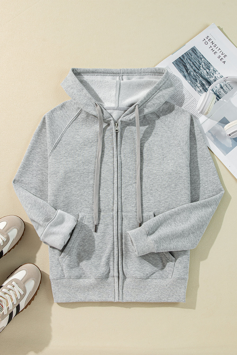 Light Grey Solid Color Fleece Lined Zip up Hoodie