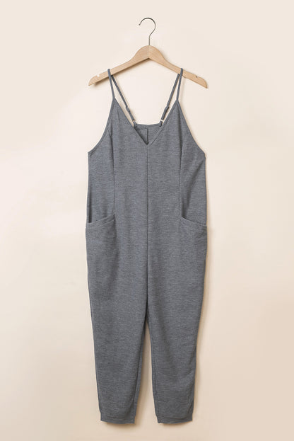 Gray Textured Sleeveless V-Neck Pocketed Casual Jumpsuit