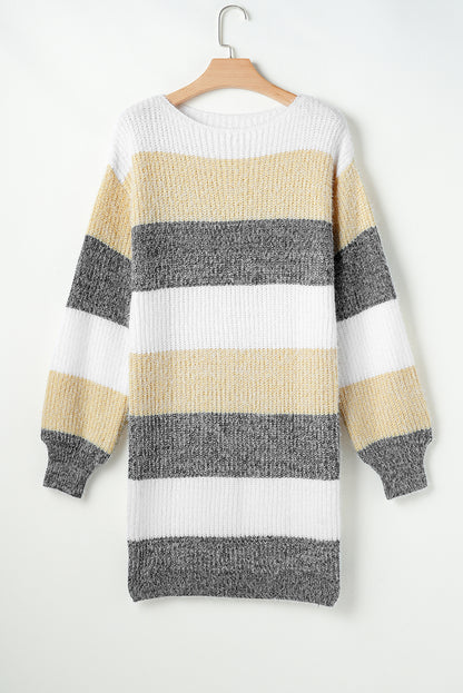 Gray Stripe Colorblock Bubble Sleeve Drop Shoulder Sweater Dress